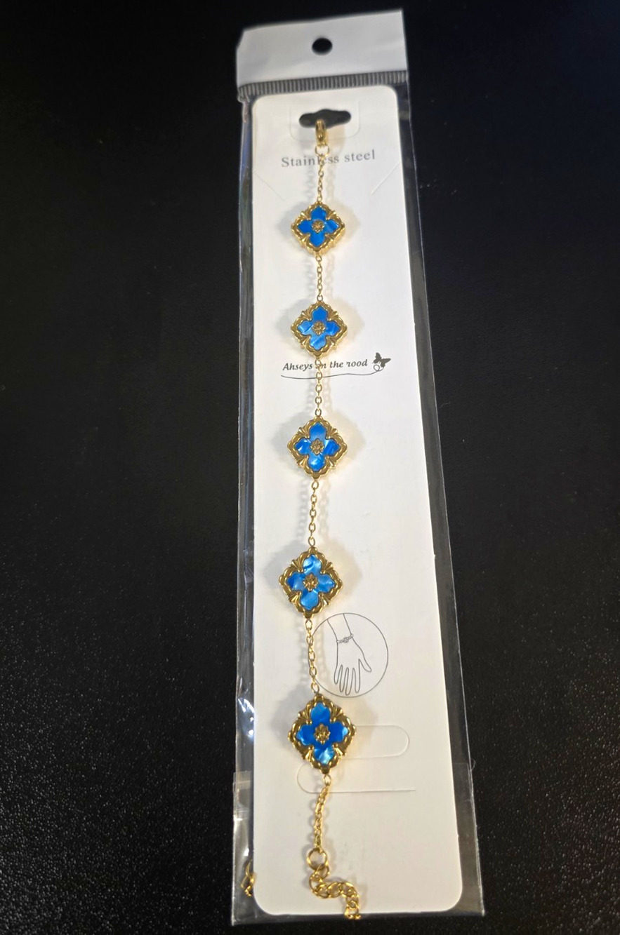 Stainless Steel Gold Tone Cable Chain Bracelet Blue Clover Charm Lobster Clasp